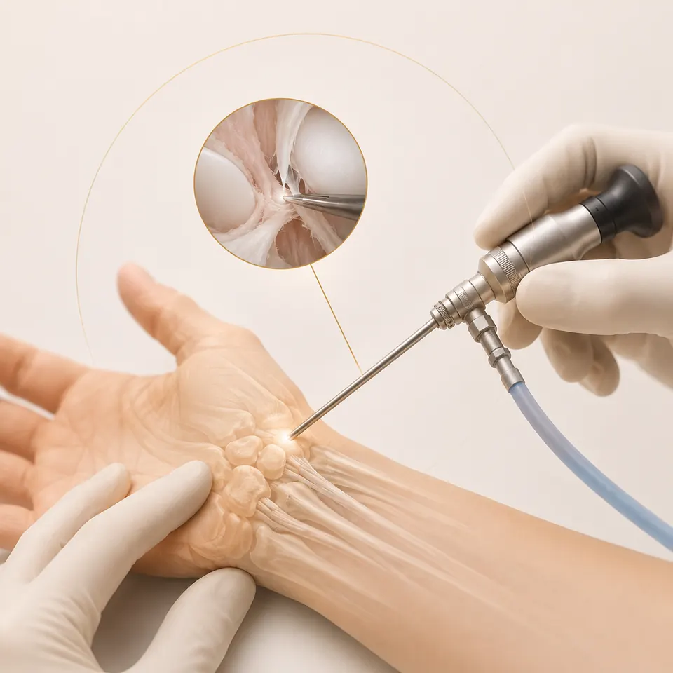 Procedimento de microcirurgia com instrumental especializado no punho