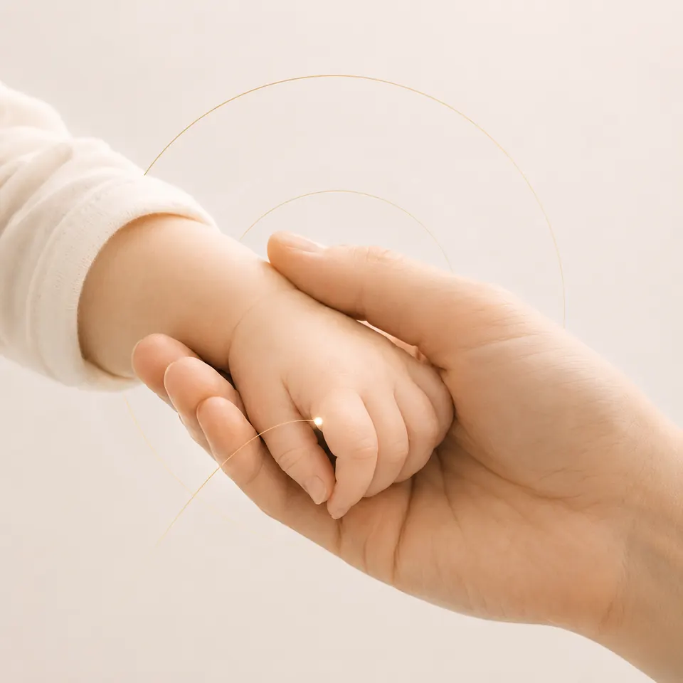 Mão de bebê apoiada na mão de um adulto